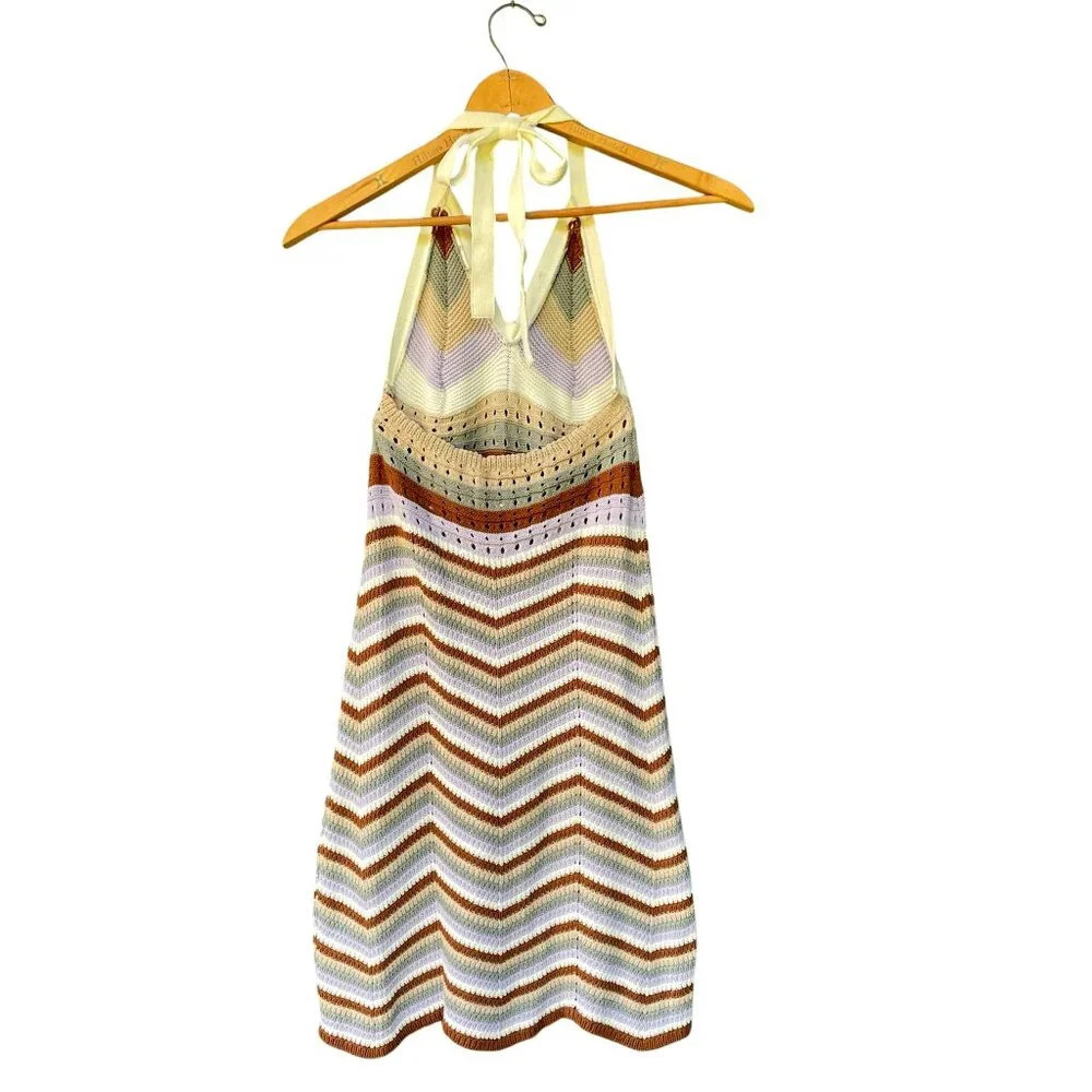 Pink Rose Crochet Halter Mini Dress Boho Festival Chevron Knit M